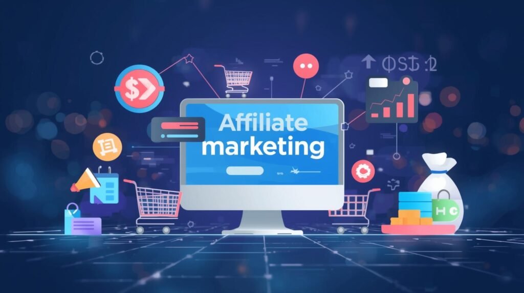 Affiliate marketing concept illustration showing a computer screen, shopping carts, money icons, graphs, and digital marketing elements on a blue background.